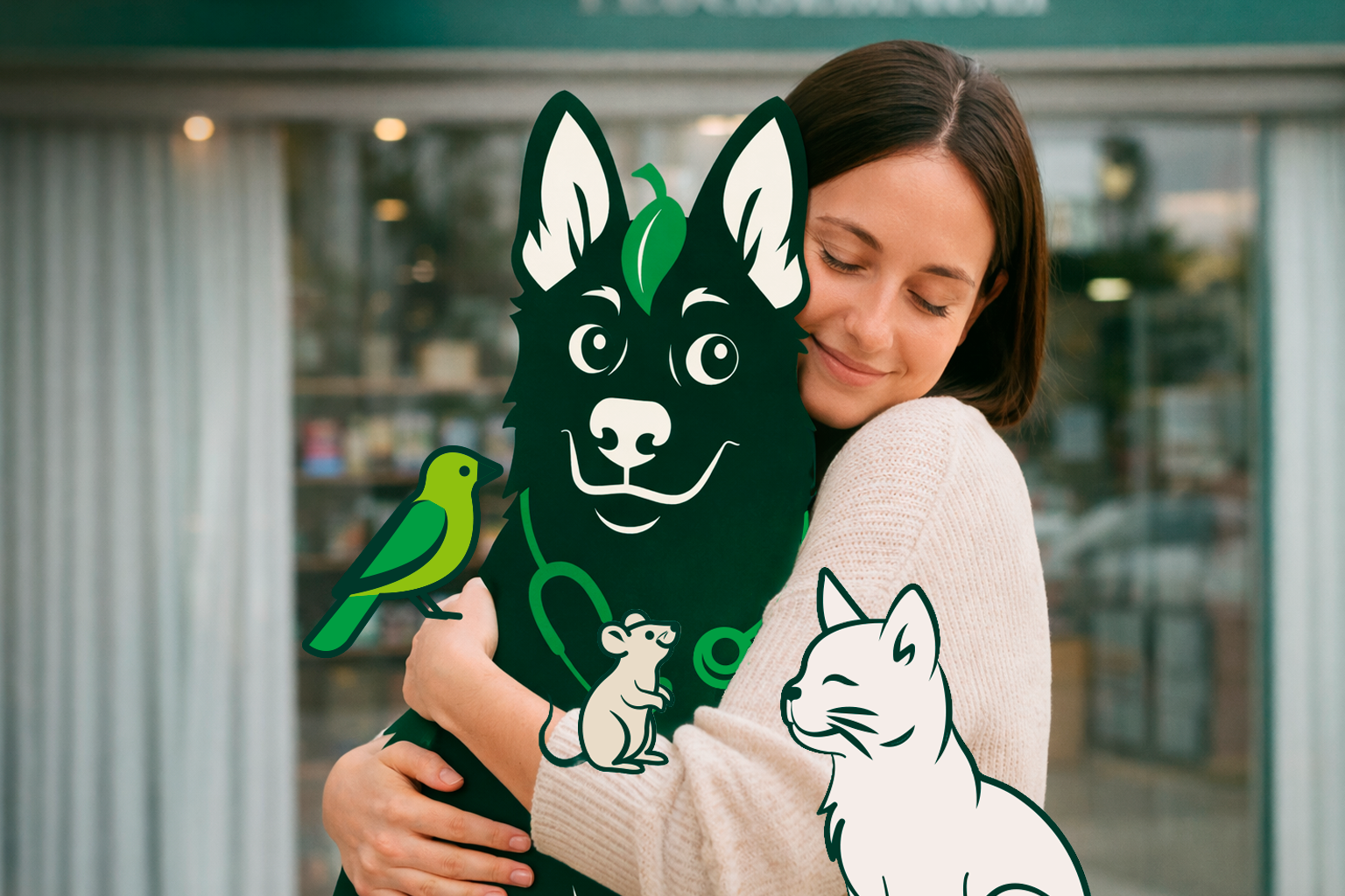 Tutora abraçando mascote ilustrado da Naturalista Vet